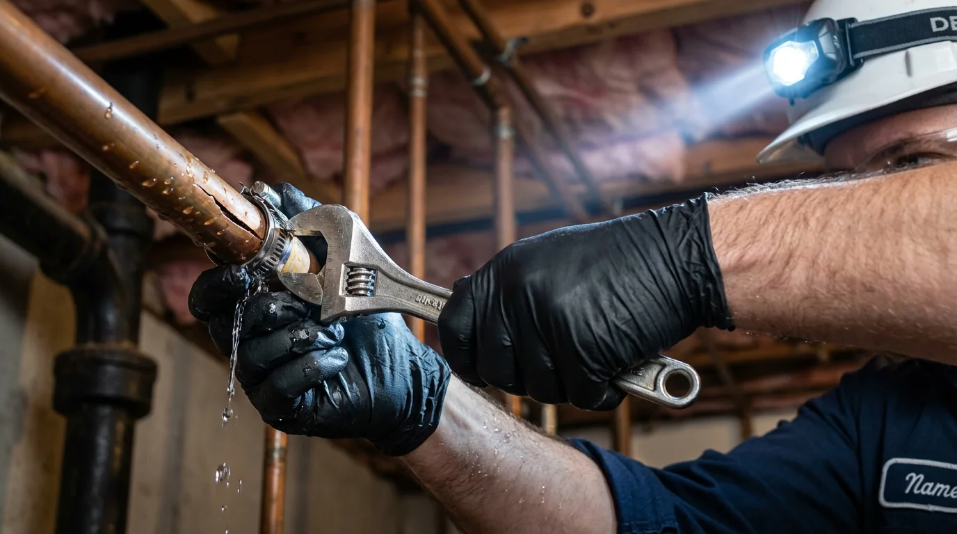 Emergency pipe clamp repair being performed by a Johns Plumbing LLC plumber in Bogalusa