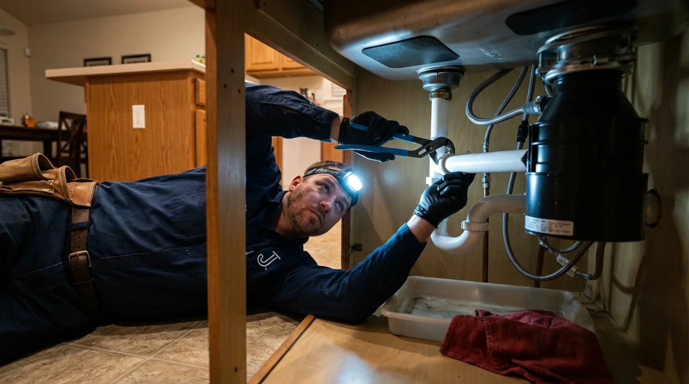 P-trap and supply line connections under a kitchen sink showing a common leak point in Bogalusa, LA